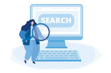 Arama pazarı. Büyüteçli kız. Web pankartı, bilgi grafikleri ve mobil için vektör illüstrasyonu. 