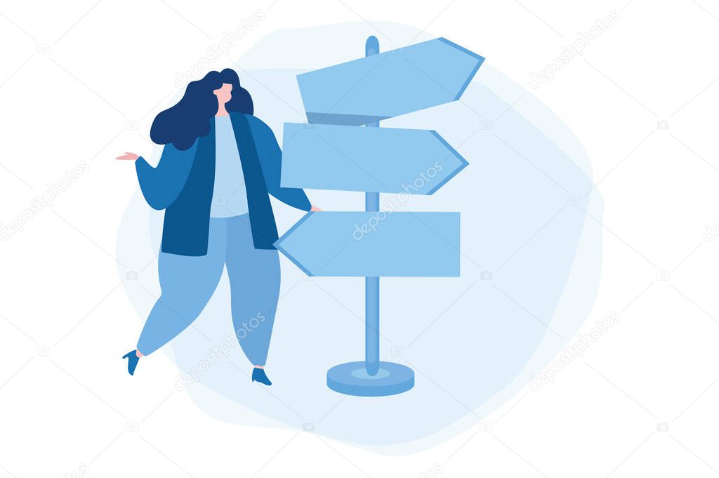 Woman trying to choose direction. Vector illustration for web banner, infographics, mobile. 