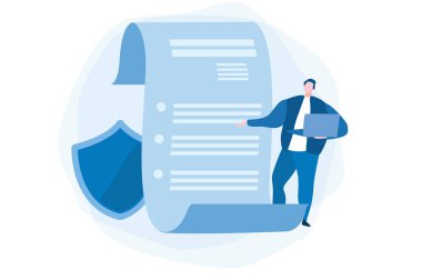 Gizlilik politikası, şirket belgesi. Veri koruması. Web pankartı, bilgi grafikleri ve mobil için vektör illüstrasyonu. 