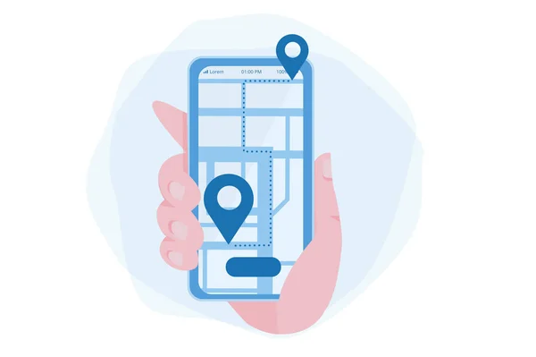 スマートフォン Gpsナビゲーションアプリで手 地図を入手指示を ウェブバナー インフォグラフィック モバイル用ベクトルイラスト — ストックベクタ