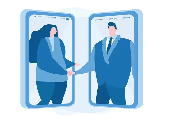 Business Partners Handshaking Smartphone Screens Inglês Ilustração Vetorial Para Mídias — Vetor de Stock