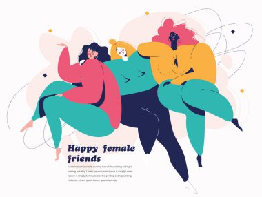 Mutlu bayan arkadaşlar. Web afişi, bilgi grafikleri, cep telefonu için vektör illüstrasyonu. Mutlu kadın, Feminizm.