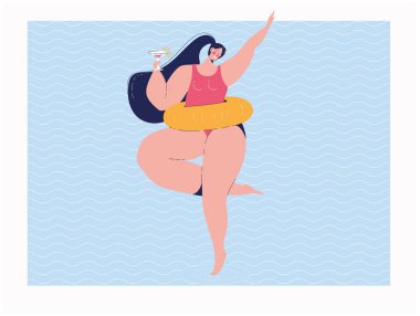 Mutlu vücut pozitifliği olan, sahilde kokteylli bir kadın karakter. Web afişi, bilgi grafikleri, cep telefonu için vektör illüstrasyonu. Kumsalda mutlu bir kadın.