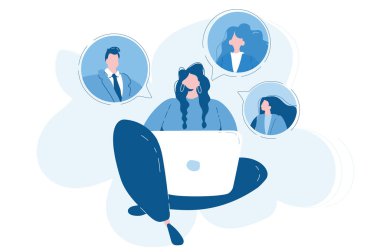 İnternet üzerinden iletişim, sohbet, görüntülü konuşma. Web pankartı, bilgi grafikleri ve mobil için vektör illüstrasyonu. 
