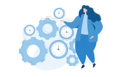 İş mekanizması, zaman mekanizması. Vitesler ve saatler. Web pankartı, bilgi grafikleri ve mobil için vektör illüstrasyonu. 