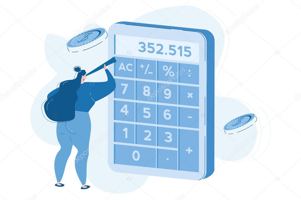 Money savings estimation,, calculator, coins, Vector illustration for web banner, infographics, mobile. 