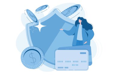 Kredi kartı, banka, web afişi için vektör illüstrasyonu, bilgi grafikleri, cep telefonu. Kalkan, madeni para, banka çalışanı..