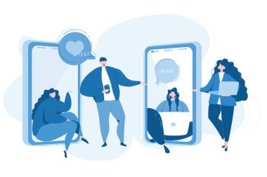 İletişim telefonu, insanlar ve sosyal ağlar. Web pankartı, bilgi grafikleri ve mobil için vektör illüstrasyonu. 