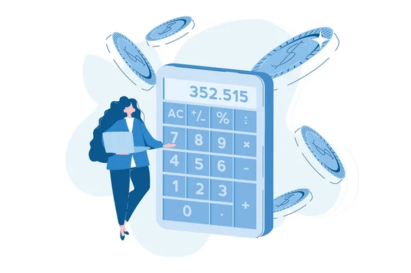 Księgowość Kalkulator Monety Bizneswoman Ilustracja Wektorowa Baner Internetowy Infografiki Mobile — Wektor stockowy