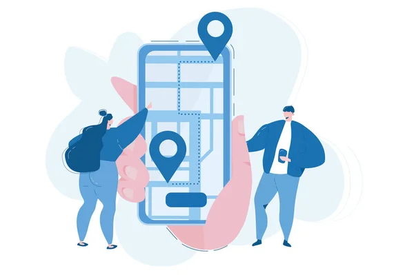 Grande Smartphone Mano Con Viaggiatori Uomo Donna Cartone Animato — Vettoriale Stock
