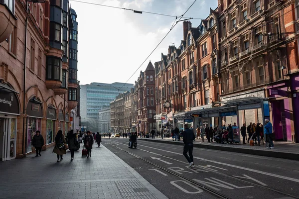 Busy Corporation Street Dans Centre Birmingham Face Lumière Soleil — Photo