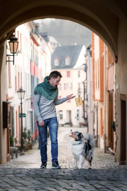 Şehirde bir köpek ile genç bir adam. bir evcil hayvan ile yürümek. Büyüleyici adam ve Avustralya Çoban