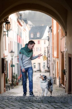 şehirde köpek ile genç adam. evcil hayvan ile yürümek. Büyüleyici adam ve Avustralya Çoban