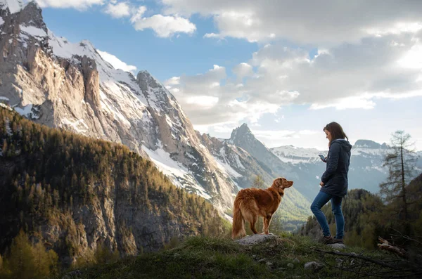 Girl with a dog in the mountains. Autumn mood. Traveling with a pet. Nova Scotia Duck Tolling Retriever — Stock Photo, Image