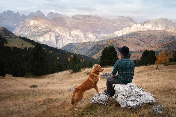 Mann Mit Hund Gebirgstal Herbststimmung Nova Scotia Duck Tolling Retriever — Stockfoto