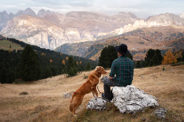 Mann Mit Hut Und Hund Gebirgstal Nova Scotia Duck Tolling — Stockfoto