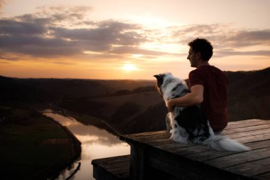Gün batımında köpekli bir adam. Evcil bir hayvanla yürü. Avustralya çoban köpeği ve doğanın sahibi.