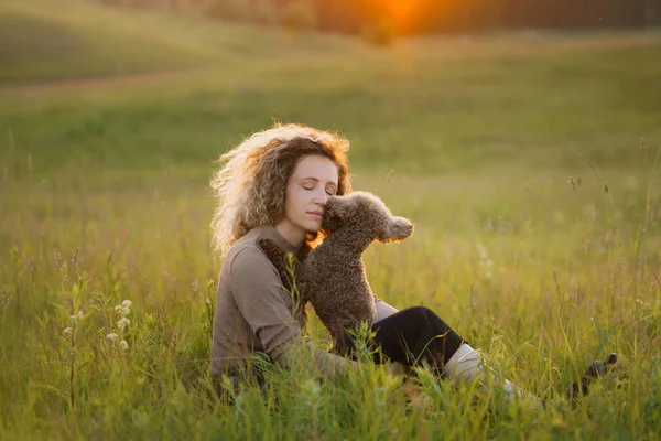 Donne con i capelli ricci e due barboncini su un campo al tramonto. Carino animali domestici e il loro proprietario — Foto Stock