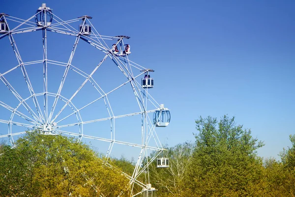 Dönme dolap mavi gökyüzü ve ağaçlar karşı