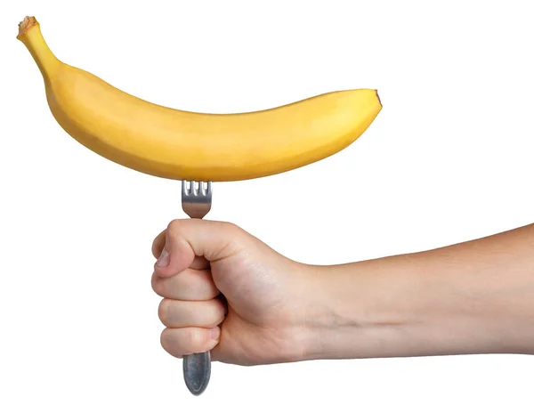 Ruce Drží Banán Vidličku Izolovat — Stock fotografie