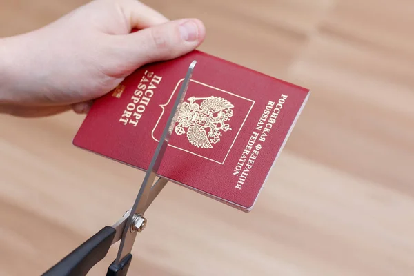 Hands Cut International Passport Scissors — Stock Photo, Image