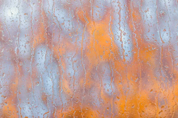 Raindrops on the window and orange autumn leaves outside — Stock Photo, Image