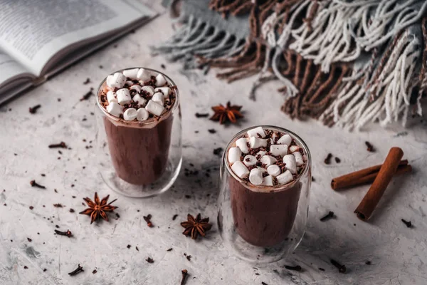 Marshmallow ve çikolata cips i ile sıcak kakao iki bardak o