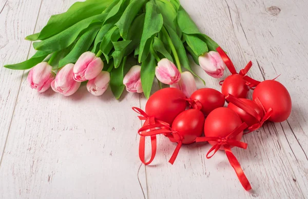 Bouquet Tulips White Wooden Background — Stock Photo, Image