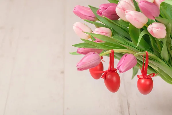 Red Easter Eggs Hanging Tulip Stem — Stock Photo, Image