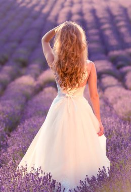 Lavanta alanında güzel gelin düğün günü içinde. Güzel sarışın kadın