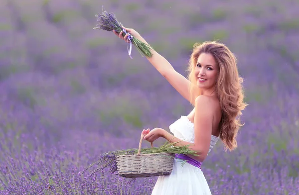 Beautiful Woman Lavender Field Summers Day — Stock Photo, Image