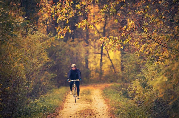 男は美しいカラフルな秋の森で自転車に乗ってください — ストック写真