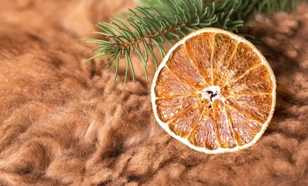 Fatia Laranja Seca Com Ramo Pinho Fundo Marrom — Fotografia de Stock