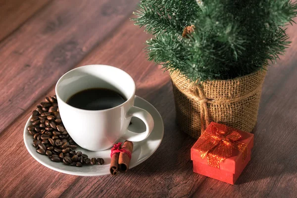 Tazza Caffè Sul Tavolo Legno Concetto Natale — Foto Stock