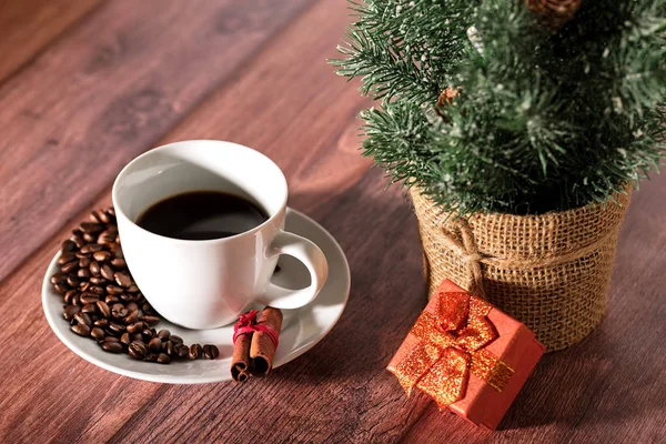 Tazza Caffè Sul Tavolo Legno Concetto Natale — Foto Stock