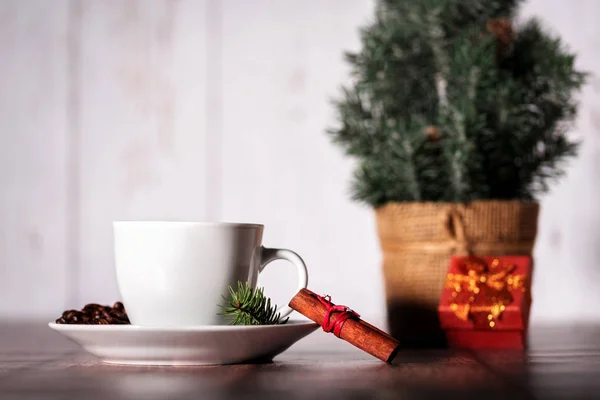 Uma Chávena Café Mesa Madeira Conceito Natal — Fotografia de Stock