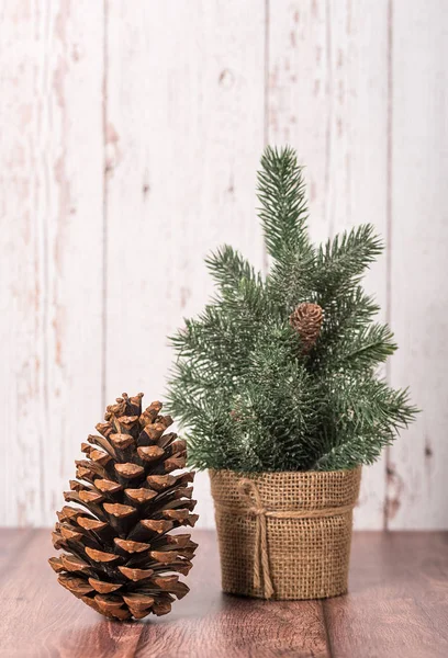 Vánoční Strom Šiška Dřevěné Pozadí — Stock fotografie