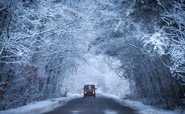 Ormanda Kış Yolda Kırmızı Araba Mavi Tonda Fotoğraf — Stok fotoğraf