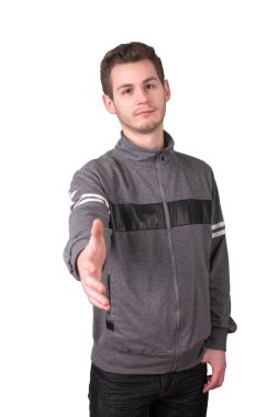 Adam beyaz bir arka plan üzerinde izole el sıkışma el germe