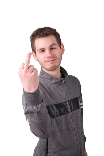 Ο άνθρωπος δείχνει ένα μεσαίο δάχτυλο. Απομονωμένη σε λευκό φόντο — Φωτογραφία Αρχείου