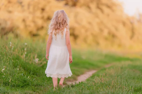 Beautiful blond little girl in the field — Stock Photo, Image