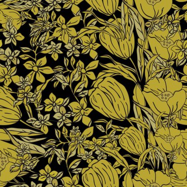 Altın sorunsuz şekilde dağılmış poppies, lale, daldırma vektör çiçek ve yaprakları.