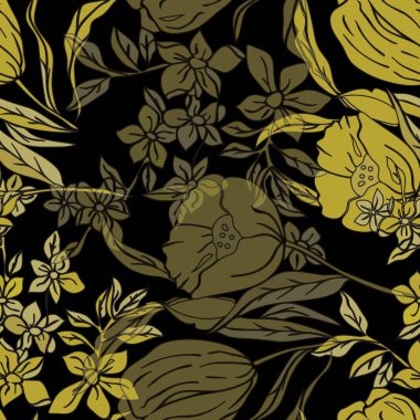 Stilize altın sarı nergis ve lale vintage vektör çizim ilham