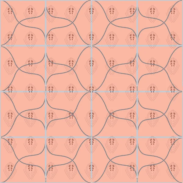 Naadloze geometrische patroon met riemen, touwen en kant verlaat. Complexe vector print koraal, grijze en smoky blauw. — Stockvector