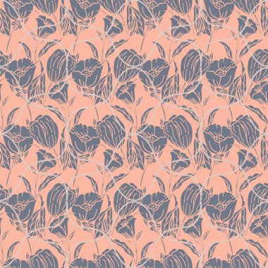 İpler, kurdeleler, Lale, haşhaş ve lilyum ile sorunsuz çiçek desenli. Karmaşık vektör pembe, dumanlı mavi ve gri yazdırma