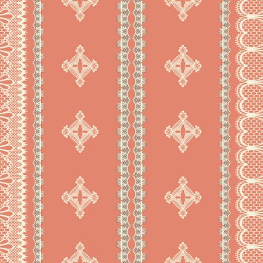 Zarif dantel çiçek, çizgili ve geometrik sınır düzen kalbimizde soyut Dikişsiz desen çizimi.