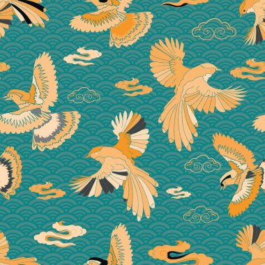 Illustration of birds, blue jay, falcons, clouds and waves.