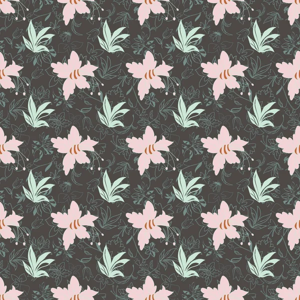 Motif floral sans couture avec jonquilles, iris, plantes et feuilles . — Image vectorielle