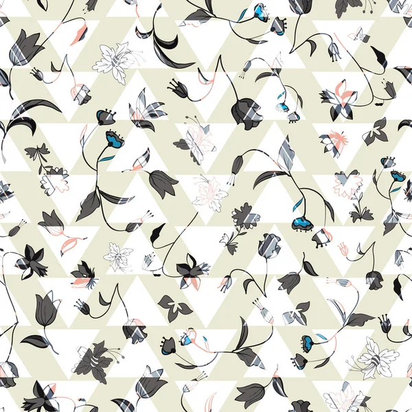 Illustration géométrique crème, bleu, rose et gris avec triangles et rayures verticales enchaînées . — Image vectorielle