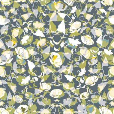 Floral Dikişsiz desen. Soyut yapraklar, çiçekler, Poppies ve bitkiler zeytin, yeşil, sarı, beyaz, deniz mavisi ve gri.